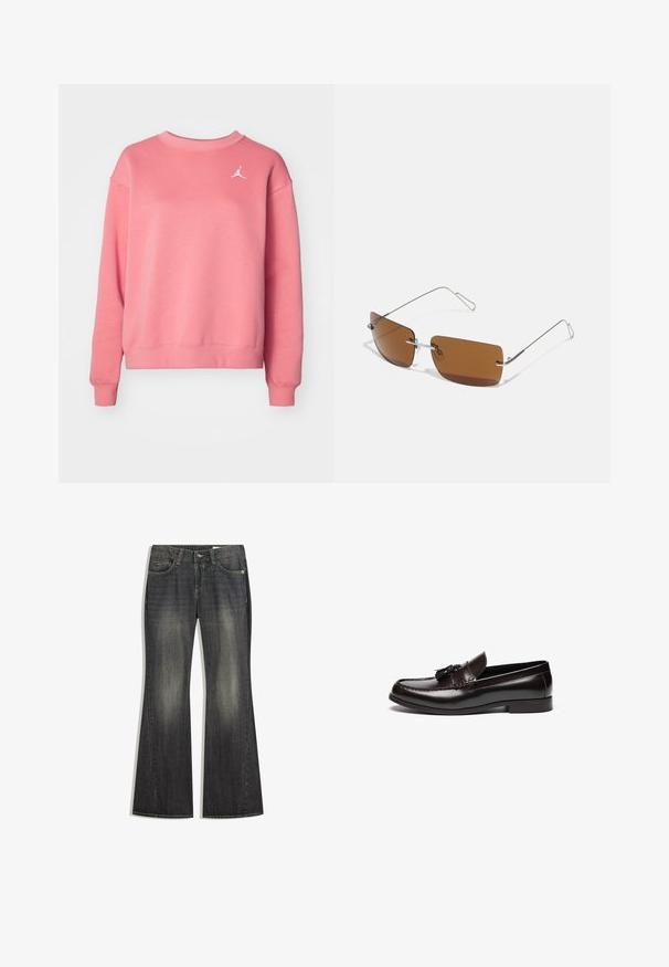 Puha anyagból készült rózsaszín pulóver, amely kereknyakú, hosszú ujjú és a mellkason egy kis fehér Jumpman logó található.; Tágított sötét mosott farmerekről van szó, melyeken enyhe kopás látható, öt zseb található, és kontrasztos varrás jellemzi. A klasszikus gombos és cipzáras záródásúak.; Barna bőr mokaszinok sima felülettel, varrott mintával és díszes bojtokkal az elején. Lapos talp és kerek orr.; Barna, téglalap alakú napszemüveg vékony ezüst drótvázakkal és orrtámaszokkal. A lencsék laposak és enyhén árnyékoltak.