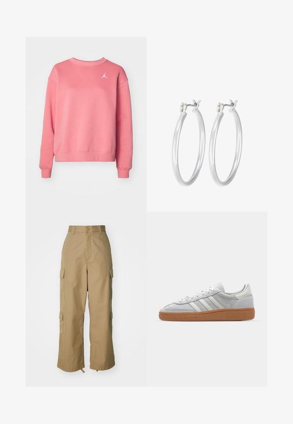 Rozā džemperis, izgatavots no mīkstas auduma, ar apaļu kaklu, garām piedurknēm un mazu baltu Jumpman logo uz krūšu.; Bēša kravas bikses ar augstu jostasvietu, platām kājām un četriem lieliem sānu kabatām. Izgatavotas no izturīgas auduma ar gludu tekstūru un minimālām detaļām.; Gai pelēki zamšīgās kedas ar baltām ādas detaļām, trim baltām līnijām un brūnu gumijas zoli, ar mīkstinātu apkakli komforta nodrošināšanai.; Sudraba riņķveida auss gredzeni ar gludu, pulētu apdari. Apaļa forma un drošs klikšķa augšējais slēgums. Viegls dizains, kas piemērots ikdienas valkāšanai.