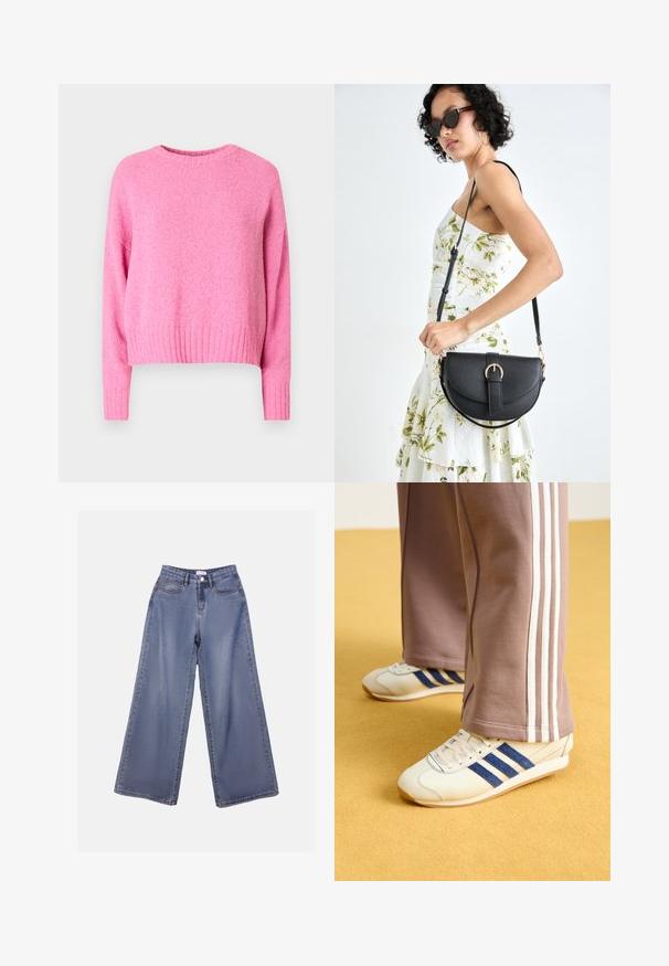 Rosa, strikket genser med rund hals, ribbestrikket kant og lange ermer. Stoffet har et mykt, teksturert utseende.; Bredde ben jeans i lys blå vask, med høy livhøyde, frontlommer og knappelukking med beltehemper.; Kremfargede sneakers med blå semsket skinnstriper, hvite snørebånd og gummisåle. Kombinert med grå joggebukser med hvite sidestriper.; Svart lærveske med en buet form, avtagbar stropp og gullbeslag. Vesken har et klaff med spenne-detall.