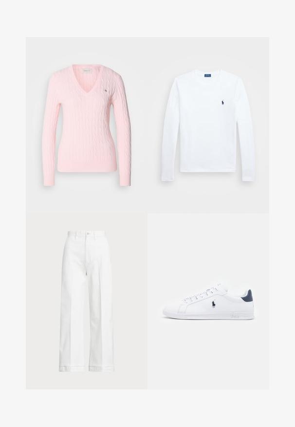 Rozā adīta džemperis ar V veida kaklu, ar kabeli izšūtu rakstu un ribotiem piedurknēm. Mazs logo kreisajā krūškurvja pusē. Mīksta tekstūra.; Balta garām piedurknēm krekls, kokvilnas materiāls, apaļa dekoltē, ar nelielu tumši zilu logotipu kreisajā krūtī. Vienkāršs dizains, regulāra piegriezuma.; Baltas platās bikses ar augstu jostasvietu, ar pogu aizdari un smalkiem izšuvumiem. Izgatavotas no kokvilnas ar gludu tekstūru.; Baltas ādas sporta apavi ar gludu virsmu, jūras zila akcenti un neliels zīmols sānos. Aprīkoti ar plakaniem aukliņām un strukturētu gumijas zoli.