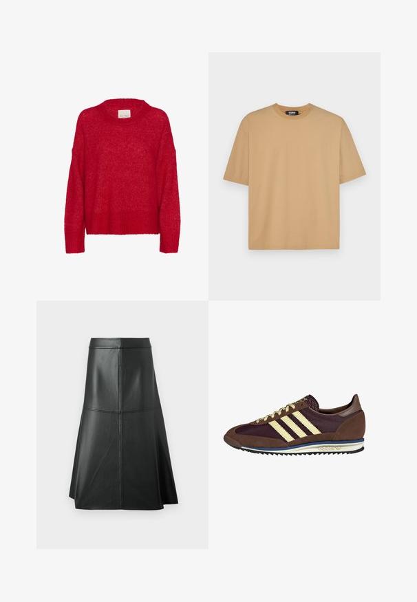 Maglione rosso lavorato a maglia con scollatura rotonda, spalle scese, orlo a coste e una consistenza morbida, caratterizzato da una vestibilità ampia e un aspetto leggero e arioso.; T-shirt di cotone beige con scollo rotondo, maniche corte e vestibilità rilassata. Texture liscia con cuciture lungo l'orlo e le maniche.; Gonna nera in pelle a forma A, texture liscia, lunghezza a metà polpaccio, presenta dettagli di cucitura orizzontale in vita e nelle cuciture per un maggiore supporto.; Sneaker marrone e bordeaux realizzato in materiali scamosciati e in rete, caratterizzato da tre strisce color crema, tessuto testurizzato sulla linguetta e suola in gomma.