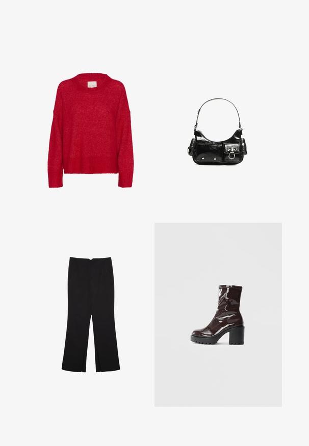 Red knitted sweater with a round neckline, drop shoulders, ribbed hem, and soft texture, featuring loose fit and light, airy appearance.; Black trousers with a straight fit, featuring front pockets and side slits at the hem. Made of soft, smooth fabric. Suitable for various occasions.; Glossy burgundy ankle boot with a chunky black heel, featuring a smooth texture and simple design. No visible fastenings or patterns.; Black patent leather handbag with a curved shape, one shoulder strap, front pockets, and silver-tone hardware accents.