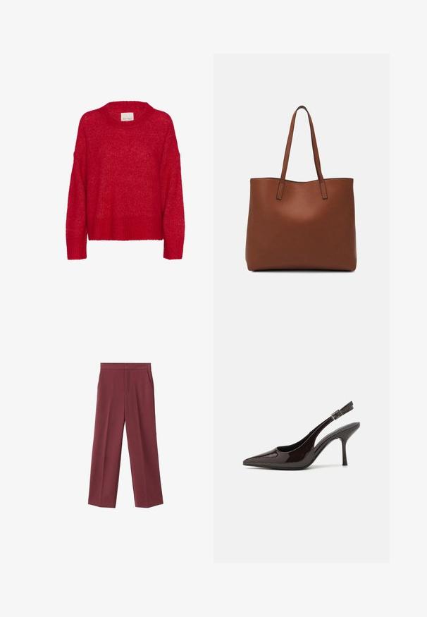 Crvena pletena pulover s okruglim izrezom, spuštenim ramenima, rebrastim donjim rubom i mekanom teksturom, karakteriziraju ga širok kroj i lagani, prozračni izgled.; Bordo široke hlače od glatkog materijala, s bočnim džepovima i visokim strukom. Krojene s urednim prednjim pregibom.; Sandalice na visokom potpetici od sjajnog tamnosmeđeg lakiranog kože, s oštrim vrhom, otvorenim stranama i podesivom naramenicom.; Smeđa kožna torba preko ramena s glatkom teksturom, otvorenim vrhom i dvjema naramenicama. Ima minimalne šavove i nema vidljivog hardvera.