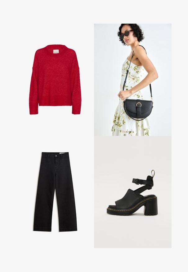 Rode gebreide trui met een ronde halslijn, dropped schouders, geribbelde onderrand en een zachte textuur, met een losse pasvorm en een lichte, luchtige uitstraling.; Zwarte denim broek met wijde pijpen en een hoge taille, voorzien van voor- en achterzakken, gestikte naden en een knoopsluiting. Gladde textuur.; Zwarte hakken sandalen met open teen, verstelbare enkelband, soepel leren bovenwerk en structuur rubberen zool met gele stiksel detail.; Zwarte leren handtas met een gebogen vorm, afneembare schouderband en gouden hardware. De tas heeft een klep met een gespsluiting.