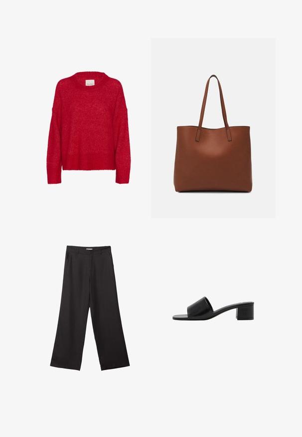 Maglione rosso lavorato a maglia con scollatura rotonda, spalle scese, orlo a coste e una consistenza morbida, caratterizzato da una vestibilità ampia e un aspetto leggero e arioso.; Pantaloni neri a gamba larga realizzati in tessuto liscio, con zip frontale e due tasche laterali, dal taglio sartoriale e design minimalista.; Sandal in pelle nera open-toe con una fascia ampia e un tacco a blocco solido. Caratterizzato da una texture liscia e un design minimale.; Borsa tote in pelle marrone con texture liscia, design con apertura superiore e due spallacci. Presenta cuciture minime e nessun hardware visibile.
