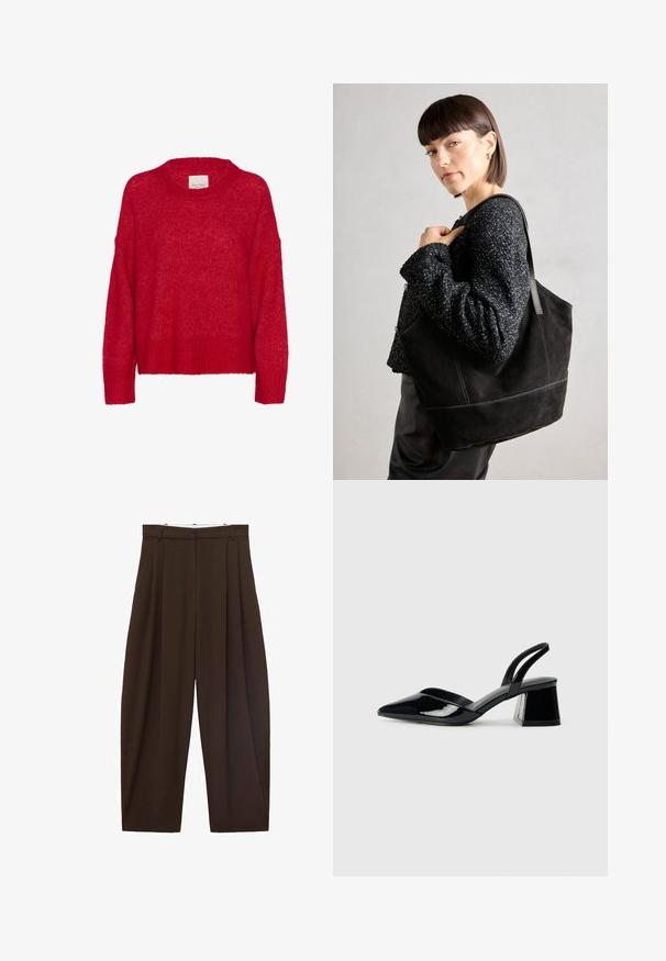 Červený pletený sveter s okrúhlym výstrihom, spadnutými ramenami, rebrovaným lemom a mäkkou textúrou, ktorý má voľný strih a ľahký, vzdušný vzhľad.; Hnedé nohavice s vysokým pásom a skladaním, vyrobené z hladkej tkaniny. Voľný strih, rovný strih nohavíc, s pútkami na opasok a so zipsom.; Čierne lakované kožené sandálové podpätky s špicatou špičkou a geometrickým blokovým podpätkom. Disponujú elegantným, minimalistickým dizajnom a hladkým povrchom.; Čierna semišová taška so hladkou textúrou, štruktúrovaným tvarom a kontrastným šitím. Obsahuje dlhé popruhy na nosenie na ramene.