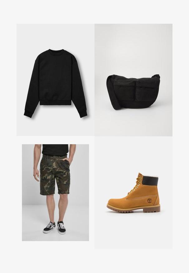 Schwarzes, gekürztes Sweatshirt mit langen Ärmeln, rundem Halsausschnitt und ribbelten Bündchen. Verfügt über eine weiche Stofftextur und ein minimalistisches Design.; Camo Cargo-Shorts mit Cargo-Taschen, aus gewebtem Stoff in Grüntönen und Brauntönen. Kombiniert mit schwarzen Sneakern mit weißen Schnürsenkeln.; Braune Leder-Ankle-Boots mit Metallösen, weißem Kunstfellfutter, schwarzem gepolstertem Kragen, robustem Sohlenprofil und geprägtem Logo an der Seite.; Schwarze Cordtasche mit verstellbarem Schultergurt, ausgestattet mit Vordertaschen und einer weichen Textur. Kompaktes Design mit minimaler Gestaltung.