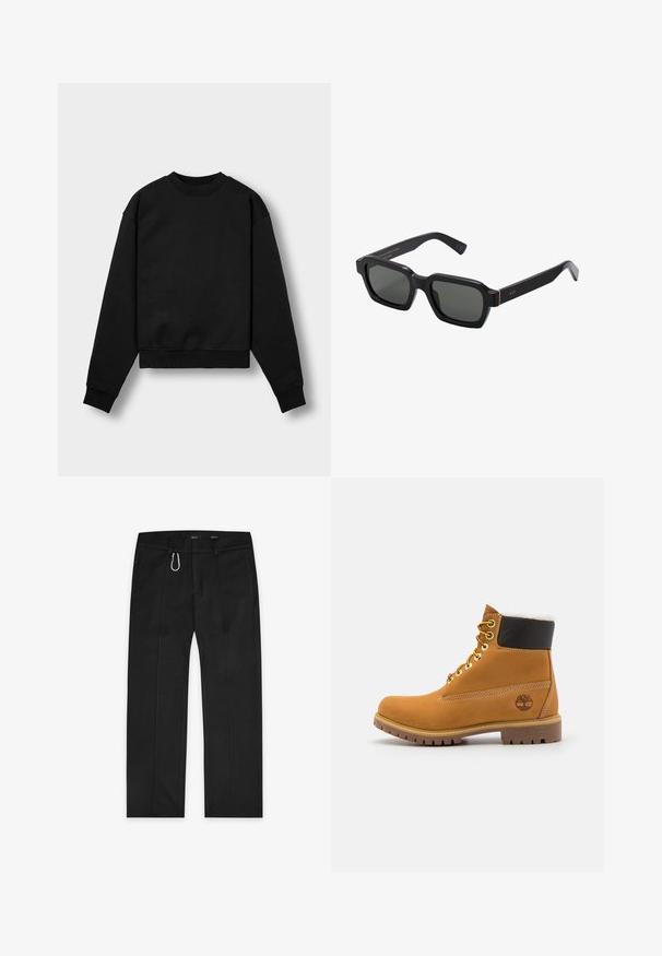 Felpa nera cropped con maniche lunghe, scollo rotondo e polsini a coste. Caratterizzata da una morbida texture del tessuto e da un design minimalista.; Pantaloni neri realizzati in tessuto intrecciato, con un design a gamba dritta, due tasche laterali, una zip frontale e un dettaglio a loop esterno.; Stivale alla caviglia in pelle marrone con occhielli metallici, fodera in pelliccia bianca, colletto imbottito nero, suola robusta e logo impresso sul lato.; Occhiali da sole neri, di forma quadrata, con lenti grigie. Le montature in plastica spessa presentano dettagli dorati e branding sulla tempia. Texture liscia.