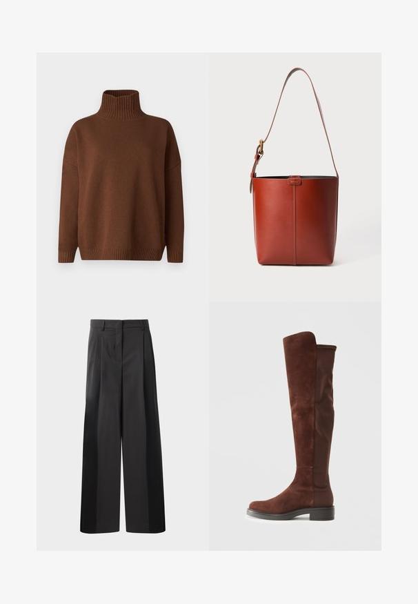 WEEKEND MaxMara BORGIA - Jersey de punto - cuoio; Pantalones de pierna ancha negros con cintura alta, que presentan pliegues en la parte delantera, una textura suave y un acabado a medida. Diseñados para un ajuste relajado.; Bota alta de ante marrón y tela con tacón bajo negro y punta redondeada, mostrada en vista lateral sobre fondo blanco liso.; Bolso de cuero marrón tipo cubo con correa para el hombro ajustable y hebilla dorada, con un simple detalle de costura vertical en la parte frontal.