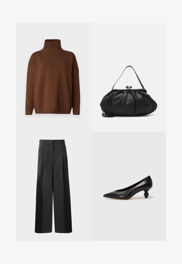 WEEKEND MaxMara BORGIA - Džemper - cuoio; Mustad laiad püksid kõrge vöökohaga, millel on ees voldid, sile tekstuur ja õmmeldud viimistlus. Kujundatud lõdva istuvuse saavutamiseks.; Must musta kõrge kontsaga king, millel on terav nina ja ümar, pallikujuline konts. Sile pind ja elegantne, minimalistlik disain.; Must mustrida nahk-kott ümmarguse, kortsunud disainiga. Varustatud metallist klambriga, millel on kaks dekoratiivset palli ja õhuke, eemaldatav rihm.