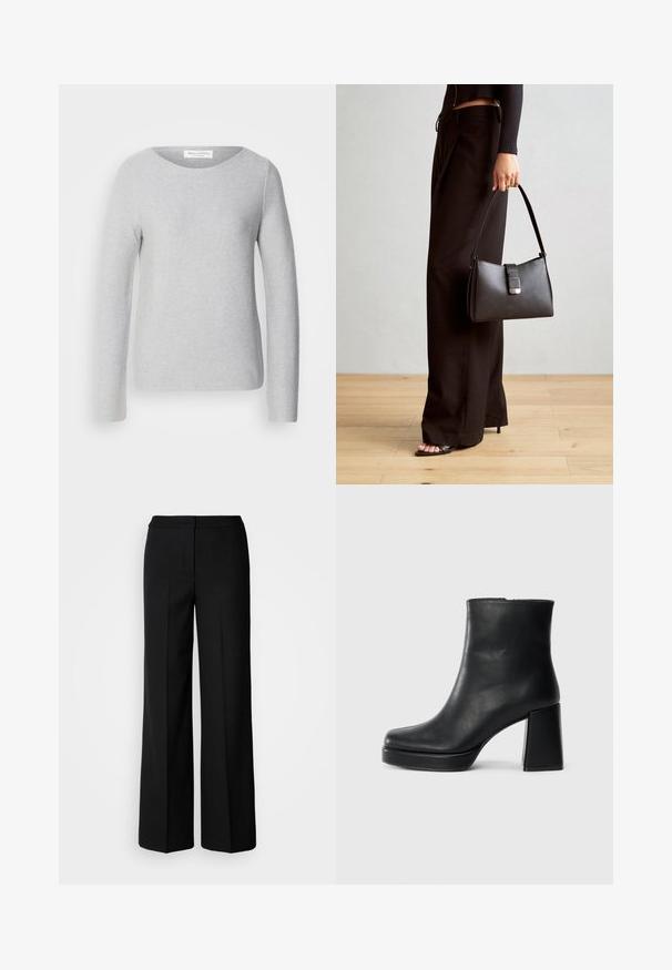 Marc O'Polo LONGSLEEVE BOAT NECK - Strickpullover - soft stone melange; Schwarze weit geschnittene Hosen aus glattem Stoff mit hoher Taille, taillierten Nähten und minimalistischer Gestaltung. Keine sichtbaren Beschläge oder Taschen.; Schwarze Leder-Stiefelette mit Blockabsatz und Plattformsohle, seitlich auf einem schlichten weißen Hintergrund betrachtet.; Schwarze Handtasche mit strukturierter Form, glatter Textur und einem metallischen Verschluss. Kombiniert mit weiten schwarzen Hosen und offenen Sandalen auf einem Holzboden.