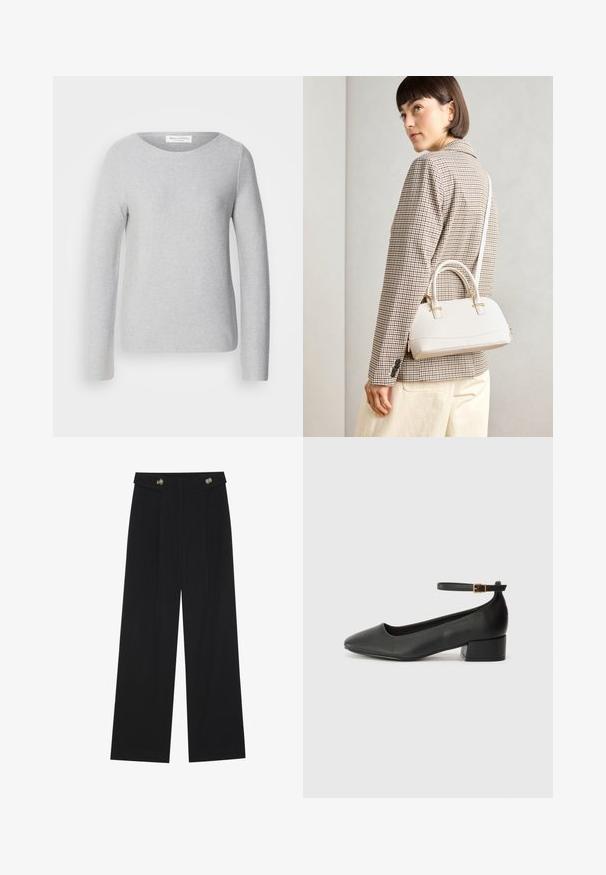 Marc O'Polo LONGSLEEVE BOAT NECK - Svetrík - soft stone melange; Čierne široké nohavice s vysokým pásom, so zapínaním na gombíky na páse a prednými sklady.; Čierne kožené lodičky s špicatou špičkou a nízkym blokovým podpätkom. Obsahuje remienok okolo členka so zlatým prackou. Hladký povrch.; Biela štruktúrovaná kabelka s krátkymi rúčkami a ramenným popruhom, s zlatými kovovými prvkami a textúrovaným materiálom, vystavená na šedom pozadí.