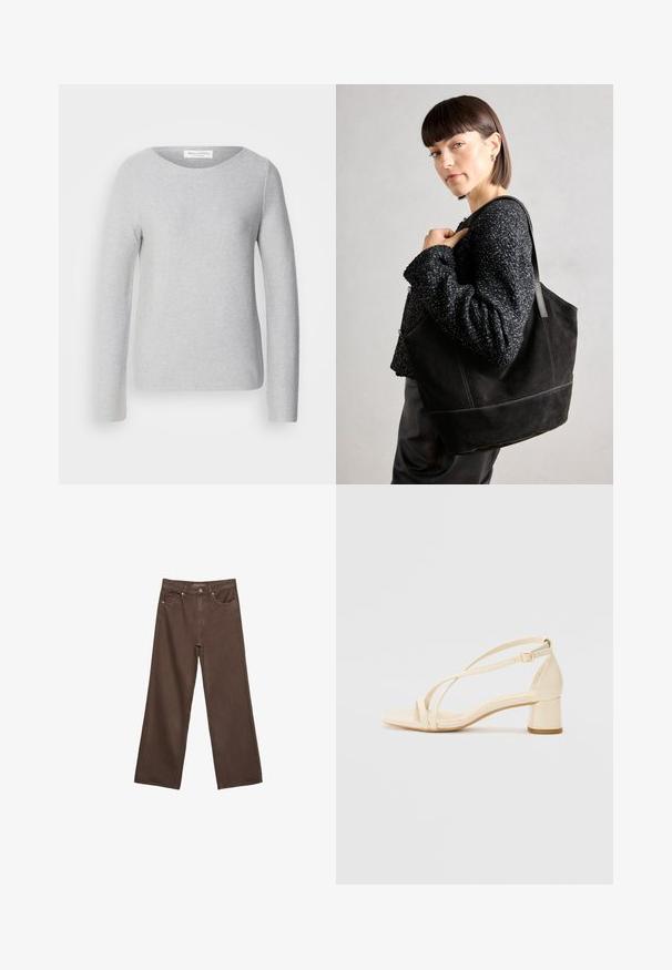Marc O'Polo LONGSLEEVE BOAT NECK - Svetr - soft stone melange; Hnědé džíny s širokými nohavicemi vyrobené z denimu, s vysokým pasem, předními kapsami a klasickým zapínáním na knoflík. Hladká textura s jemným švem.; Béžové sandály na podpatku s blokovým podpatkem, s řemínkovým designem a nastavitelným kotníkovým páskem, vyrobené z hladkého syntetického materiálu s matným povrchem.; Černá semišová taška přes rameno s hladkým povrchem, strukturovaným tvarem a kontrastním prošíváním. Má dlouhé popruhy pro nošení přes rameno.