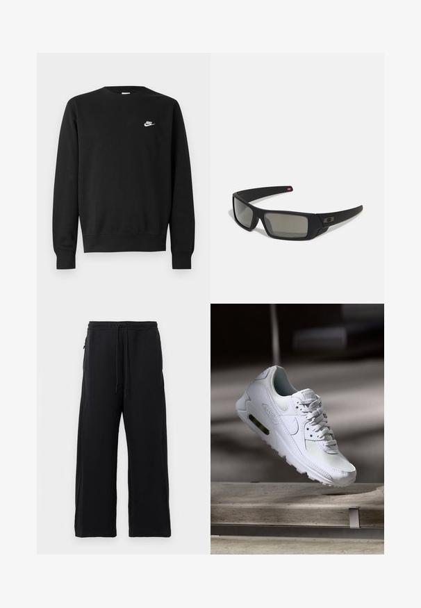 Svart genser i bomull med rund hals, lange ermer og en liten hvit Nike-logo øverst til venstre på brystet.; Sorte joggebukser laget av mykt stoff, med snor i livet, bred ben-design, og sidelommer med en jevn tekstur.; Hvit Nike Air Max 90 sneakers med øvre del laget av mesh og skinn, perforert tåboks og en synlig luftenhet i hælen.; Sorte solbriller med mat finish, rektangulære linser, lett kurv på brillestengene, diskret logo detaljer, og røyktinted linser.