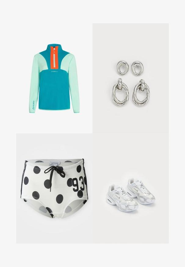 Tropfengrüner Pullover mit halbem Reißverschluss; mit orangefarbener Akzentplatte und "O'Neill"-Logo. Hergestellt aus weichem, strukturiertem Stoff; mit langen Ärmeln.; Schwarz-weiße gepunktete Badehose mit einem Kordelzug-Bund, auf der Vorderseite mit der Nummer "93" und aus einem glatten, dehnbaren Stoff.; Weiße Sportschuhe mit einem Obermaterial aus Netzgewebe und silbernen Akzenten, einer einzigartigen Form und Luftpolsterung in der Ferse. Geflochtenes Design mit Logo.; Ohrringe aus silberfarbigem Metall mit zwei Paar Designs: einem gedrehten, runden Hänger und einem glatten, runden Stecker. Die reflektierende Oberfläche verstärkt die Eleganz.