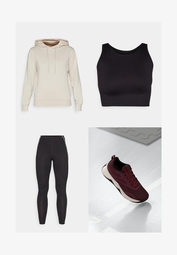 Beżowa bluza z kapturem wykonana z miękkiego materiału, z przednią kieszenią kangurką, regulowanymi sznurkami i subtelnym różowym logo na klatce piersiowej.; Czarny prążkowany crop top z wysokim kołnierzem i szerokimi wycięciami na ramionach, wykonany z miękkiego, elastycznego materiału dla wygody i bezszwowym wzornictwie.; Czarne legginsy wykonane z elastycznego materiału, z wysokim stanem. Posiadają białe pasek po bokach oraz gładką strukturę.; Bordowe buty sportowe z siateczkową cholewką, czarnymi akcentami i wyściełaną białą podeszwą. Posiadają sznurowaną klamrę oraz uchwyt na pięcie.