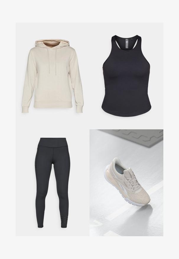 Beige hettegenser laget av mykt stoff, med en frontlomme i kengurustil, justerbare snorer og en subtil rosa logo-design på brystet.; ONLY Play ONPSANA SHORT - Topper - black; Sorte leggings laget av elastisk materiale, med høy midjebånd, strømlinjeformet design og stripete detaljer nær ankelen.; Lys beige treningssko med perforert overdel, teksturerte detaljer, polstret krage og hvit gummisåle, designet for komfort og pusteegenskaper.