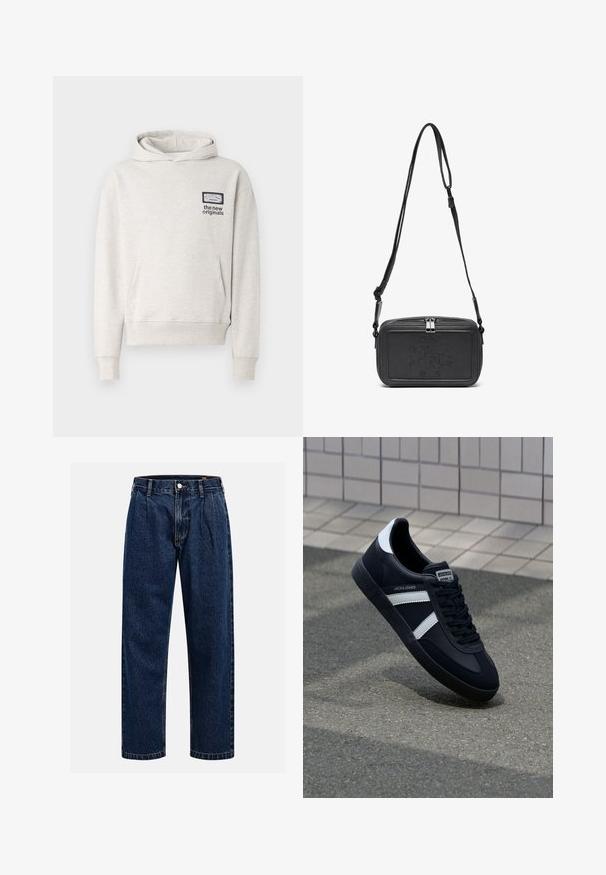 Sweatshirt cinza claro feito de tecido macio. Apresenta um bolso tipo canguru e punhos com elástico. Inclui um logótipo impresso em azul escuro no peito.; Calças de ganga azul-escuras com um design de perna reta. Apresentam costuras visíveis, fecho de botão e vincos frontais para um detalhe adicional.; Sapatilha de couro preto com riscas brancas, sola de borracha texturizada e frente com atacadores. Apresenta um rótulo da marca na língua.; Bolsa de ombro em couro preto com fecho de zip, logótipo em relevo na parte da frente e alça ajustável. Textura suave com formato retangular.