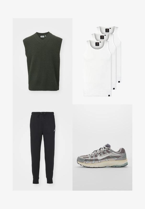 Carhartt WIP MARLON - Džemper - office green; Kolm valget ribaga t-särki, mis on valmistatud puuvillast. Omavad ümmargust kaelanõhku ja väikseid musti silte hemme lähedal. Saadaval erinevates suurustes.; Mustad mustadest puuvillasegistusest valmistatud dressipüksid, millel on nööriga talje, kitsenevad jalad ja väike valge logo ees.; Hallus hallitus jalanõud, millel on võrgust ja sametist ülemine osa, valged rõhutused, pehme tald ning eristuv disain peegelduvate elementidega.