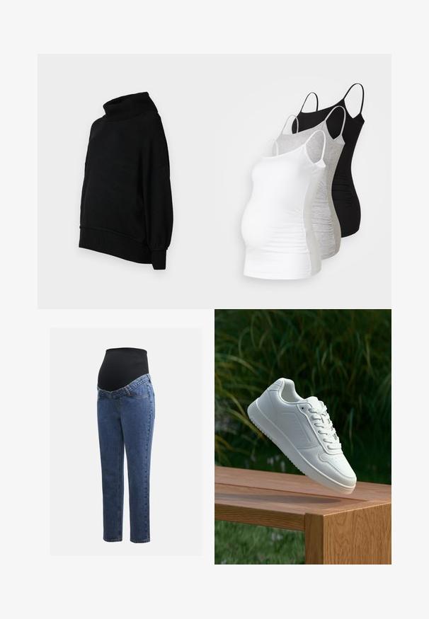 Pulover negru cu guler înalt, cu o croială lejeră, textură răsucită și mâneci tip balon. Fabricat dintr-un material moale, cu un tiv care ajunge la talie.; Trei topuri de maternitate fără mâneci, în alb, gri și negru. Material elastic cu bretele subtiri ajustabile și cusături laterale pliate pentru confort.; Jeans de maternitate cu picioare din denim albastru și un panou abdominal elastic negru, conceput pentru a susține și a acoperi o burtă în creștere.; Sneaker alb cu un upper sintetic neted, cu vârf perforat, șireturi plate și o talpă texturată, expus pe o suprafață de lemn.