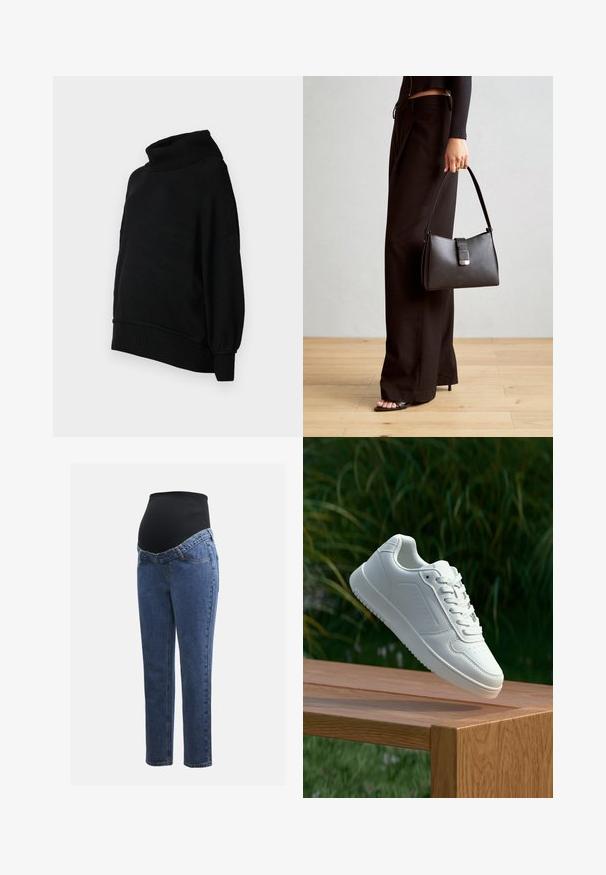 Črni pulover s štirico, ohlapne kroja, rebrasto teksturo in balonskimi rokavi. Narejen iz mehkega materiala s krojem, ki se konča v pasu.; Maternitetaške hlače z modrimi denim hlačnicami in črnim raztegljivim trebušnim panelom, zasnovane za podporo in pokrivanje rastočega trebuha.; Bela teniska s gladkim sintetičnim zgornjim delom, perforiranim prednjim delom, ravnimi vezalkami in teksturiranim podplatom, prikazana na leseni površini.; Črna torbica z strukturirano obliko, gladko teksturo in kovinskim zaponko. Ujemajo se z širokimi črnimi hlačami in odprtimi sandali na lesenem tleh.