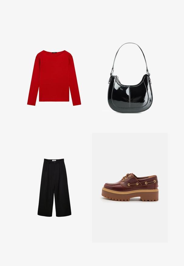 Haut rouge à manches longues avec un col rond, présenté sur fond blanc, mettant en avant son design simple et vibrant.; Pantalons larges noirs à taille haute, avec une devant plissé et une fermeture à bouton. Fabriqués en tissu lisse avec un design ajusté.; Chaussure bateau en cuir marron avec une semelle en caoutchouc marron épaisse, œillets dorés et coutures contrastantes. Présente un logo sur le côté.; Sac à main en cuir verni noir avec un design courbé, fermeture zippée et une seule bandoulière avec des quincailleries en ton argent et des accents de couture.