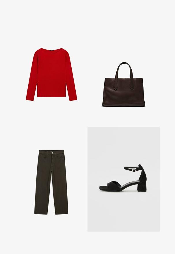 Long-sleeved red top with a round neckline, displayed against a white background, showcasing its simple, vibrant design.; Dark green wide-leg jeans made of cotton blend, featuring a front button closure, five pockets, and classic denim stitching.; Black suede heeled sandals with a thin ankle strap, open toe design, and a modest block heel. Smooth texture and minimal accents.; Brown leather tote bag with two elongated handles, structured rectangular shape, smooth texture, and subtle stitching details.