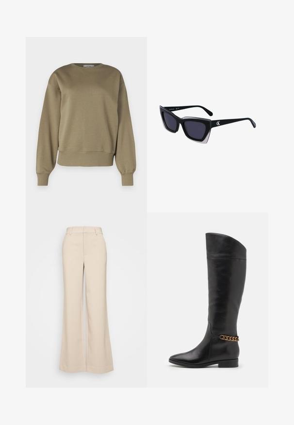 IVY OAK KAREN - Sportska majica - khaki; Bež hlače širokih nogavica s glatkom teksturom, koja imaju visoki struk i dva prednja džepa. Čist dizajn s prilagođenim krojem.; Visoke crne kožne čizme s elegantnim dizajnom, šiljastim vrhom i zlatnim lančićem oko gležnja. Nizak blok potpetica. Glatka tekstura.; Crne oversize sunčane naočale geometrijskog oblika, s tamnim staklima i kontrastnom sivom dekoracijom na okviru. Logo na dršci.