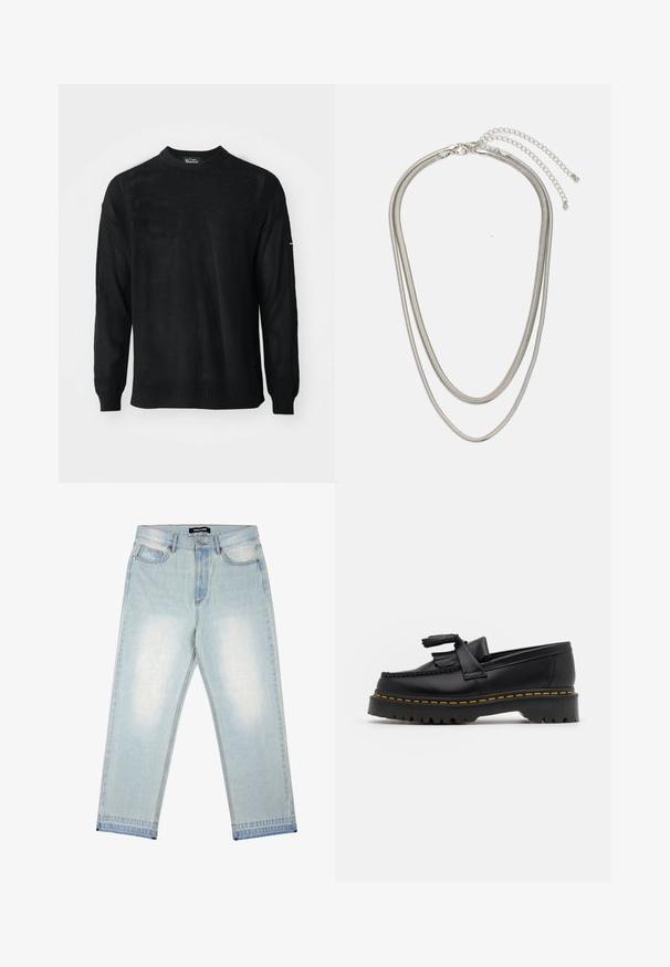 Pull en maille noire avec encolure ronde, manches longues et poignets côtelés. Présente un motif texturé et une coupe décontractée.; Pegador BARROW - Jean large - sand washed blue; Mocassin en cuir noir avec un accent à frange, doté d'une semelle épaisse noire et d'une couture jaune le long du bord. Fini texturé.; Collier en métal argenté à trois couches présentant des chaînes flexibles et élégantes avec un léger éclat, sécurisé par un fermoir en forme de homard et une chaîne ajustable.