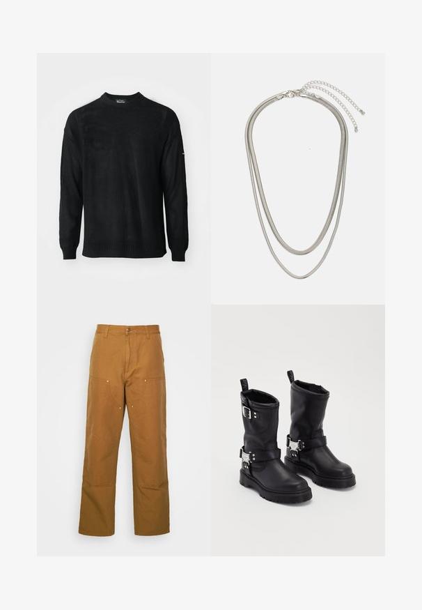 Suéter negro de punto con un escote redondo, mangas largas y puños acanalados. Presenta un patrón texturizado y un corte relajado.; Pantalones utilitarios de algodón marrón con un diseño de pierna recta, que cuentan con bolsillos frontales y acentos de metal para mayor durabilidad.; Botas de tobillo de cuero negro con suela resistente, que cuentan con una correa con hebilla lateral y herrajes decorativos. Textura suave con una lengüeta de tirón.; Collar de metal plateado de tres capas que presenta cadenas flexibles y elegantes con un ligero brillo, asegurado con un cierre de langosta y cadena ajustable.