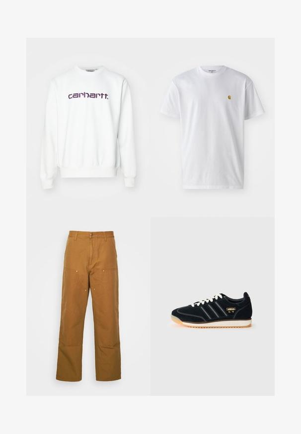Fehér pulcsi kerek nyakkivágással, bordázott mandzsettákkal és aljjal. Elöl lila hímzett "carhartt." logóval rendelkezik. Puha anyagból készült.; Fehér pamut póló rövid ujjakkal, kerek nyakkal, bal mellel egy kis arany logóval. Puha tapintású és normál fazonú.; Barna pamut munkanadrág egyenes lábbal, elülső zsebekkel és fém kiegészítőkkel a fokozott tartósság érdekében.; Fekete velúr sneaker fehér fűzőkkel, oldalán három fehér csíkkal, texturált kiegészítőkkel és enyhén narancssárga árnyalatú gumitalppal.