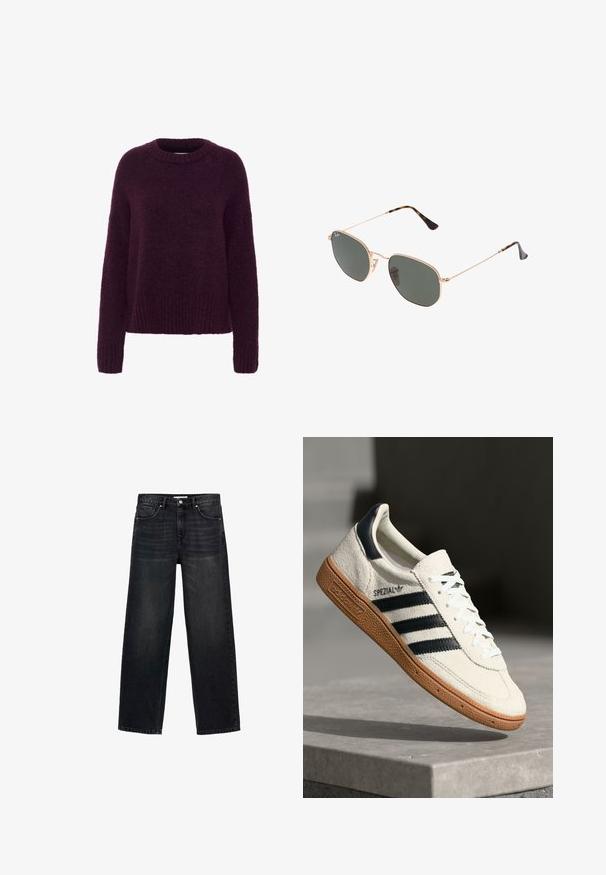 Ljubičasti, široki pulover s okruglim izrezom. Izrađen od mekog, pahuljastog materijala. Rebrasti rukavi i donji rub dodatno naglašavaju teksturu.; Crne široke traperice izrađene od denima. Sadrže pet džepova, zatvarač s gumbom i suptilno izblijeđivanje sprijeda.; Bijela suede tenisica s mornarsko plavim prugama, gumeni potplat od smole, teksturirani gornji dio, okrugli nos, i vezice; sadrži brendiranje sa strane i na jeziku.; Naočale s metalnim okvirom u zlatnoj boji i tamnozelenim lećama, avijatičarskog stila, sa tankim drškama i kornjačevim naglascima na vrhovima.