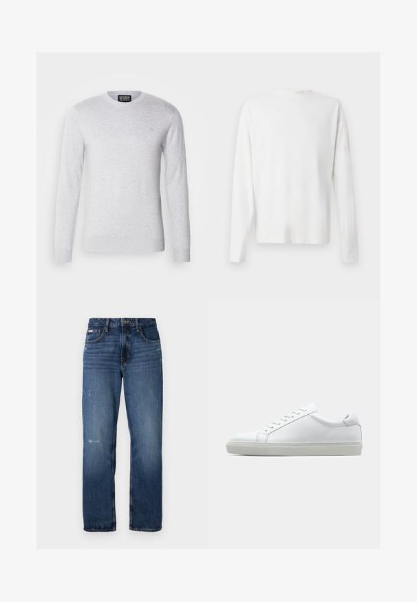 Maglione a maglia grigio chiaro con maniche lunghe, scollatura rotonda e un piccolo logo ricamato sul petto. Morbido al tatto, design casual.; Camicia bianca in cotone a maniche lunghe con scollatura rotonda, spacchi laterali in fondo e una texture liscia, mostrata da dietro.; Jeans di denim blu con un design a gamba dritta. Presentano zone sbiadite e leggeri segni di usura sulla parte anteriore, con una chiusura classica a bottone.; Sneaker bianco con tomaia in pelle liscia e profilo basso. Presenta una punta arrotondata, sei occhielli e una suola in gomma testurizzata.