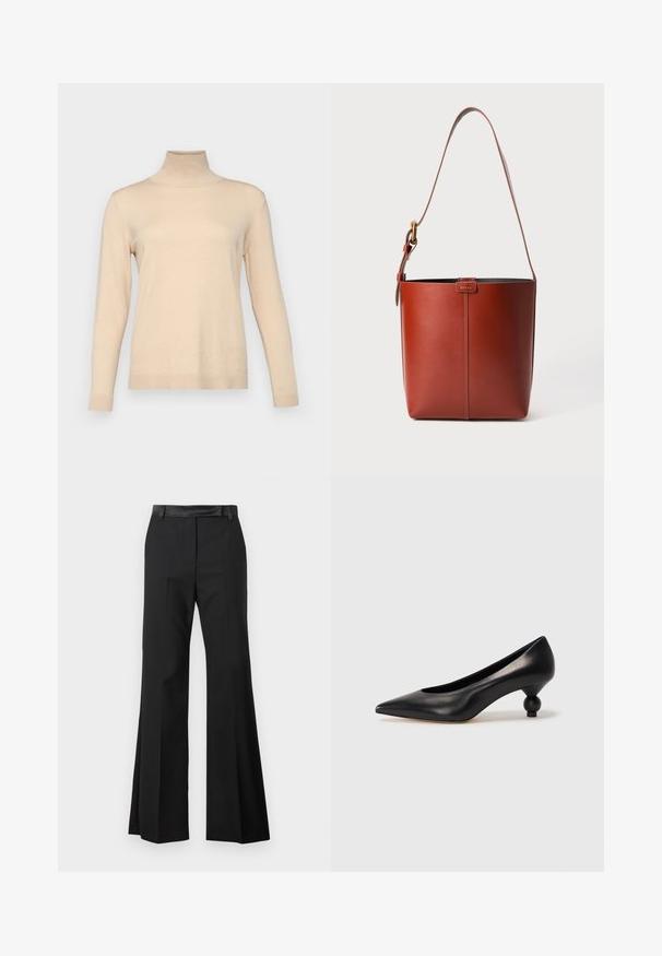 Weekend Max Mara KIKU - Džemper - avorio; Mustad laiad püksid siledast kangast viimistlusega, millel on kindel vööpoolsus ja pressitud kortsud, et saavutada kvaliteetne välimus.; Must musta kõrge kontsaga king, millel on terav nina ja ümar, pallikujuline konts. Sile pind ja elegantne, minimalistlik disain.; Pruun nahast ämbri kott reguleeritava õlavööga ja kuldse määrdega, lihtne vertikaalne õmblusdetail ees.