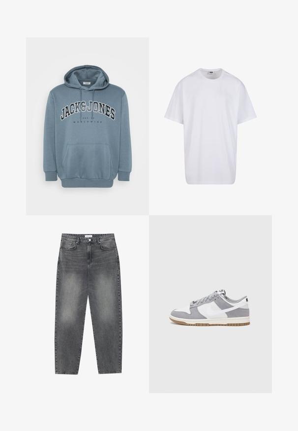 Blauwe hoodie van zachte stof met een voorkantzak, een capuchon met koord en grote tekstprint met de tekst "JACK & JONES WORLDWIDE."; Witte katoenen t-shirt met korte mouwen, ronde hals, relaxte pasvorm en zonder zichtbare logo's of patronen. Gladde textuur en minimalistisch ontwerp.; Hoge taille, losvallende jeans van vervaagd zwart denim. Beschikt over vijf zakken, riemlussen en een schone, rechte broekspijp ontwerp.; Grijze en witte sneaker met een bovenwerk van suede en leer, ronde neus, platte veters en een rubberen zool met een gumaccent.
