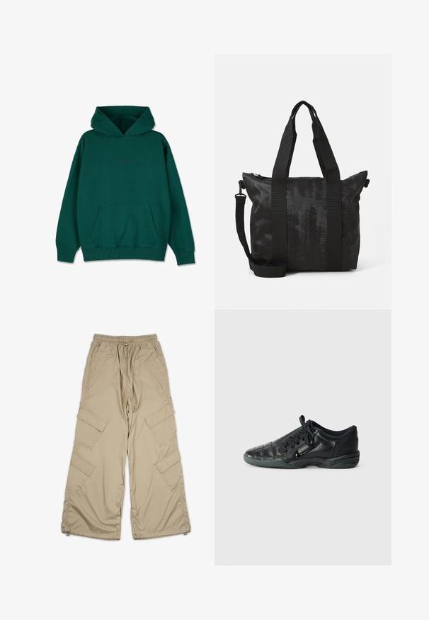 Žalias medvilnės mišinio džemperis, turintis priekinę kengūros kišenę, sukurtas su gumuotais rankogaliais ir laisvu siluetu. Subtilus logotipas ant krūtinės.; Šviesiai rudos spalvos krovinių kelnės su raišteliu juosmens srityje, keliais šoninės kišenės ir laisvas siluetas. Pagamintos iš lengvos, lygios medžiagos su siuvimo detalėmis.; Juodas odinis sportinis batelis su siuvinėtu dizainu, apvaliu pirštu, raištelių užsegimu ir guminėmis padangomis. Pusėje yra subtilus prekės ženklas.; Juodas pirkinių krepšys su tekstūruotu audiniu, dviem viršutinėmis rankenomis ir nuimamu petiniu diržu. Yra užtrauktuku uždaroma kišenė saugiam daiktų laikymui.