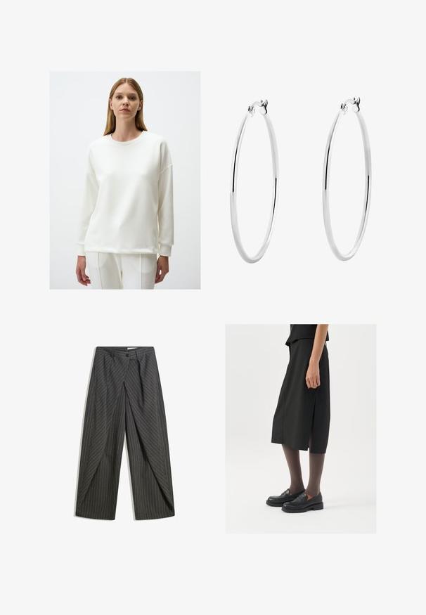 Witte sweatshirt met ronde hals, lange mouwen, een relaxte pasvorm en geribde manchetten en zoom. Soepele textuur en minimalistisch ontwerp.; Grijze pinstripe broek met een ontspannen pasvorm, voorzien van een enkele knoopsluiting, plooien en een wijd beenontwerp.; Zwarte knielange rok met zijsplit, gecombineerd met zwarte loafers en doorzichtige bruine panty's, met een mooie stof en een eenvoudig ontwerp.; Zilveren oorringen met een gladde, gepolijste oppervlakte en een dunne, ronde vorm. Het ontwerp heeft een veilige sluiting.
