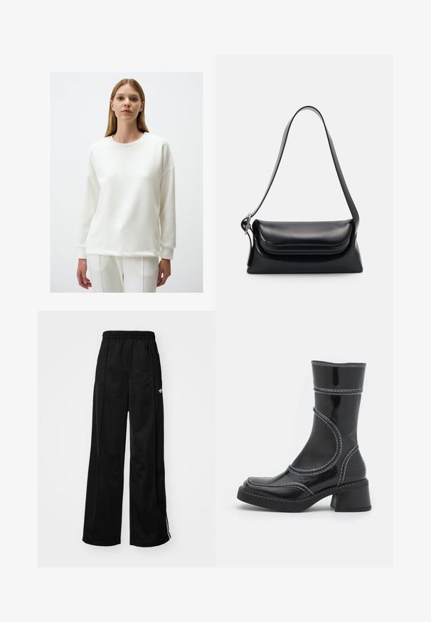 Biała bluza z okrągłym dekoltem, długimi rękawami, luźnym fasonem oraz ribbowymi mankietami i dołem. Gładka tekstura i minimalistyczny design.; Czarne szerokie spodnie dresowe z elastycznym pasem, z białymi paskami po bokach i małym logo na lewym biodrze. Gładka tekstura materiału.; Czarne lakierowane botki za kostkę z białym przeszyciem, okrągłym noskiem i słupkowym obcasem. Posiadają zakrzywione linie designu oraz gładką teksturę.; Czarna skórzana torebka o zorganizowanym kształcie, gładkiej fakturze i pojedynczym pasku na ramię. Posiada subtelną, zaokrągloną klapkę.