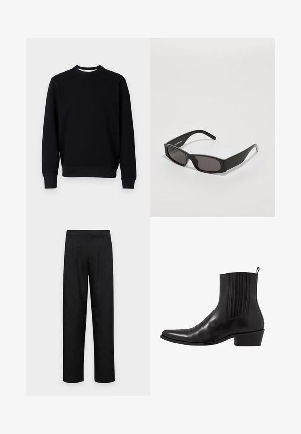 Fekete pulóver, bordás kerek nyakkal, hosszú ujjal és textúrált anyagból készült. Egyszínű, látható mintázat vagy díszítés nélkül.; Fekete nadrág sima anyagból, egyenes szárú fazonnal, két elülső redővel és közönséges derékkal, övhurkokkal.; Fekete bőr ankle boot, hegyes orral, rugalmas oldalpanellel, függőleges varrásokkal és alacsony blokk sarokkal.; Fekete téglalap alakú napszemüveg sötét lencsékkel, sima műanyag kerettel és egy diszkrét logóval a bal karon. Minimalista dizájn.