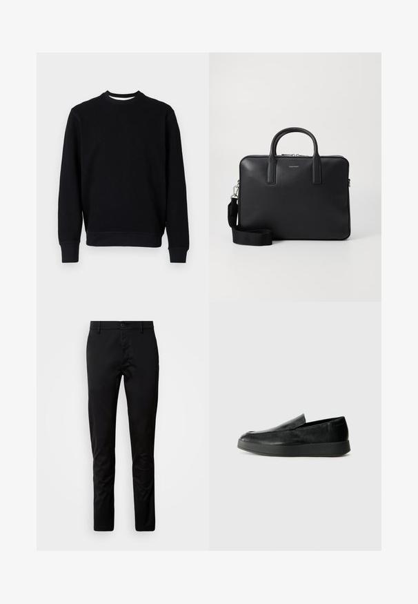 Sudadera negra con cuello redondo acanalado, mangas largas y tejido texturizado. Presenta un color sólido sin patrones o acentos visibles.; Pantalones negros de corte ajustado, fabricados con una tela suave. Presentan una cintura con cierre de botón y piernas rectas.; Calvin Klein HYBRID CUP - Zapatos sin cordones - triple black; Maletín de cuero negro con un acabado texturizado, asas dobles, correa de hombro desmontable y un detalle de logo en la parte frontal. Cierre de cremallera.