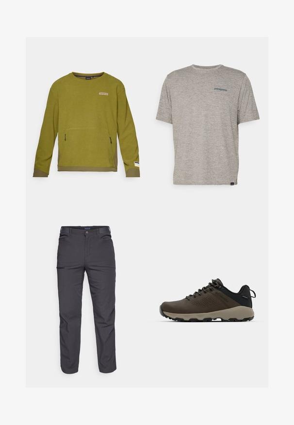 Felpa a maniche lunghe verde oliva con tessuto testurizzato, dotata di tasca frontale, etichetta con logo sopra e orlo inferiore a contrasto.; T-shirt grigio a maniche corte realizzato in un morbido tessuto di texture, con un piccolo logo blu di Patagonia sul lato sinistro del petto. Senza ulteriori fantasie.; Pantaloni grigi scuri realizzati in tessuto resistente, dotati di tasca con zip, taglio dritto e passanti per cintura per una vestibilità regolabile.; Sneakers impermeabili marroni con tomaia testurizzata, dettagli perforati, supporto al tallone nero e suola in gomma grigia. I lacci sono decorati con estremità metalliche.