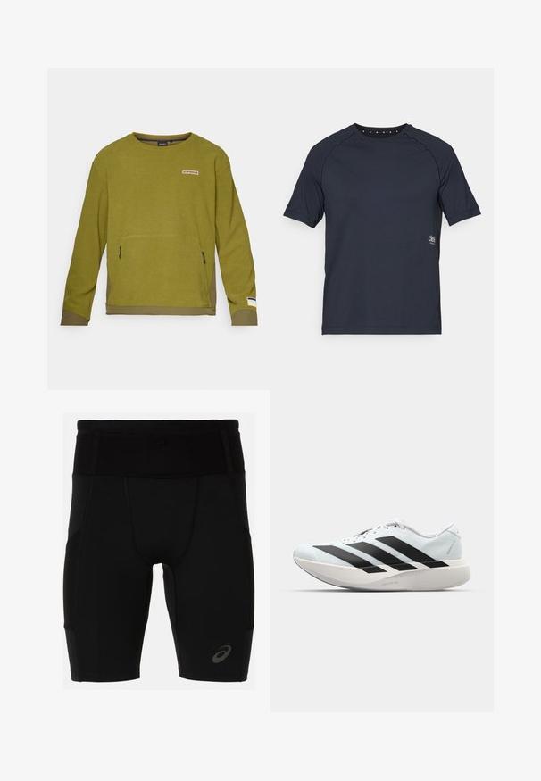 Felpa a maniche lunghe verde oliva con tessuto testurizzato, dotata di tasca frontale, etichetta con logo sopra e orlo inferiore a contrasto.; T-shirt corto blu scuro realizzato in tessuto leggero, con un colletto rotondo e piccoli dettagli a occhio sul retro, e logo sulla parte anteriore.; Pantaloni sportivi neri con un design aderente, realizzati in materiale liscio. Presentano una vita alta e un piccolo logo sulla parte bassa della gamba sinistra.; Scarpe da corsa leggere di colore azzurro pallido con strisce nere. Presentano una tomaia liscia, punta rotonda e un'ampia intersuola bianca etichettata "LIGHTSTRIKE PRO."