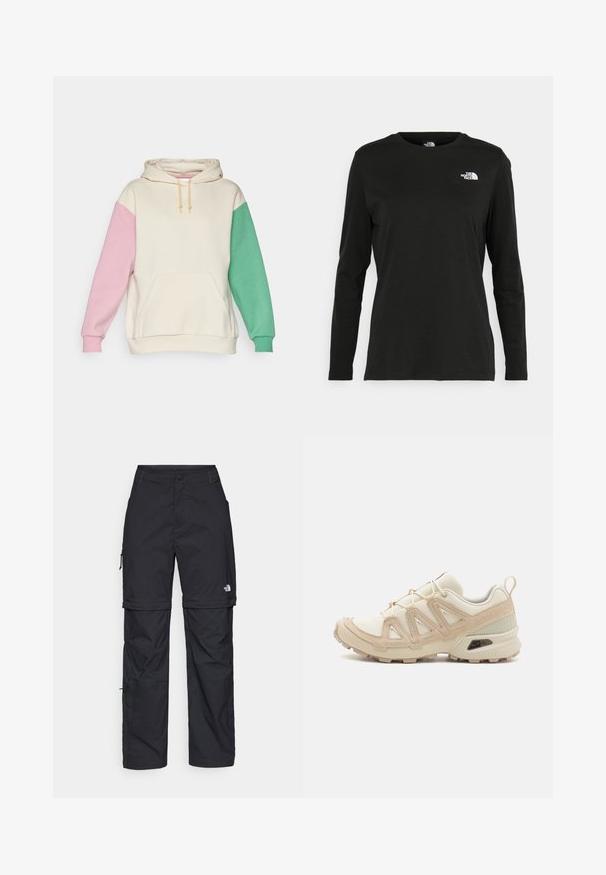 Kapa s funkcionalnim kapuljačom v kremni barvi s roza in zelenimi rokavi, z sprednjim žepom in vrvico. Narejena iz mehkega, teksturiranega materiala.; Črna majica z dolgimi rokavi iz bombaža z okroglo izrezom. Ima majhen bel logotip na levem prsnem delu. Enostaven dizajn in prileganje.; Črne najlon hlače z zipom, ki se lahko odstranijo, s prilagodljivimi manšetami, več žepi in logotipom na desni nogi. Gladka, lahka tekstura.; Bež in krem športni čevlji z teksturiranim mrežastim zgornjim delom, podpornimi prekrivali in gumijastim podplatom z vzorcem za oprijem.
