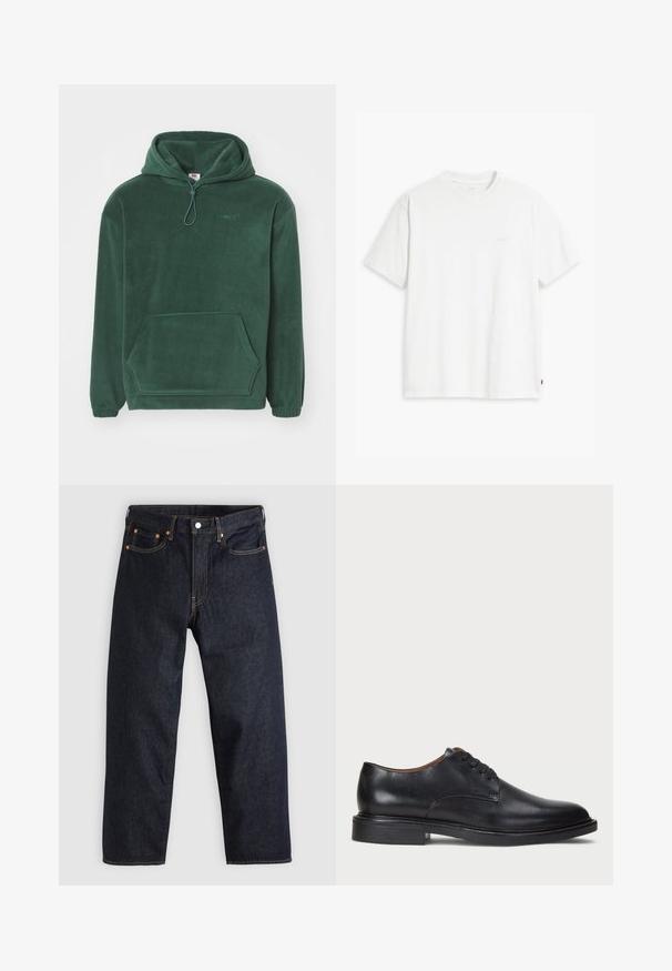 Tamnozelena flis dukserica s kangaroo džepom, elastičnim manžetama, podesivom kapuljačom s vezicom i izvezenim logotipom na prsima.; Bijela pamučna majica kratkih rukava, s okruglim izrezom i suptilno otisnutim Levi's logotipom u sredini. Mekana tekstura i standardni kroj.; Tamno plave traperice ravnog kroja, s pet džepova, kontrastnim narančastim šavovima i dugmetom za zatvaranje. Nema vidljivih uzoraka ili ukrasa.; Crne kožne cipele s okruglim vrhom, vezanjem i niskim stogom. Glatka tekstura s minimalnim šavovima.