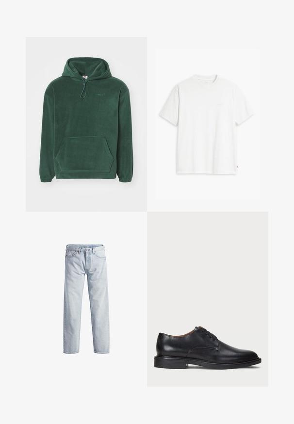Felpa con cappuccio verde scuro in fleece, dotata di tasca a marsupio, polsini elasticizzati, cappuccio regolabile con cordino e logo ricamato sul petto.; T-shirt bianca in cotone con maniche corte, colletto tondo e logo Levi's discreto stampato al centro. Texture morbida e vestibilità standard.; Jeans in denim bluastro con design a gamba dritta, chiusura con bottone, cinque tasche e una texture di leggera scoloritura. Presentano dettagli in metallo.; Scarpa da uomo in pelle nera con punta rotonda, design con lacci e tacco basso impilato. Texture liscia con dettagli di cucitura minimi.