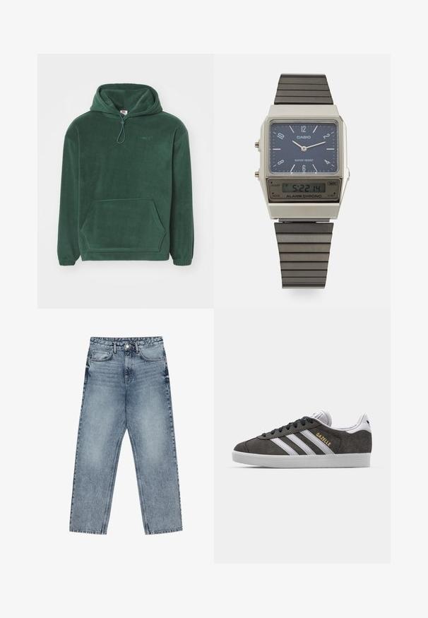 Temno zelena flis usnjena s kengursko žepom, elastičnimi manšetami, nastavljivo kapuco s vrvico in vezenim logotipom na prsih.; Svijetloplave traperice s ravnim krojem, vidljivim šavovima, dizajnom od pet džepova i kopčanjem na gumbu u struku.; Sive semiš superge z belimi črtami in zlatim logotipom "Gazelle". Imajo gumijast podplat in dizajn s pletenjem ter oblazinjenim ovratnikom.; Casio digitalna ura z modrim številčnikom, srebrnim ohišjem in večplastnim črnim gumijastim trakom. Prikazuje čas in nastavitve alarma. Vodoodporna.