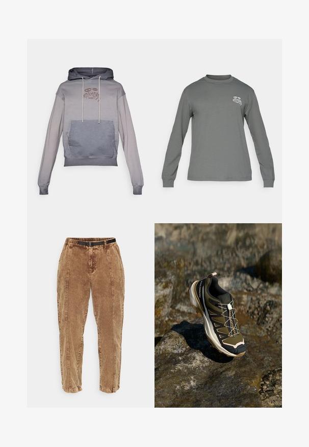 Sudadera bloqueada en gris y azul con un bolsillo tipo canguro, capucha y cordones ajustables. Presenta un diseño gráfico en el pecho. Textura suave.; Camisa de manga larga en tejido gris, con cuello redondo y un logotipo gráfico blanco en el lado izquierdo del pecho. Textura suave y diseño simple.; Pantalones de pana marrones con una superficie texturizada, que cuentan con un cinturón ajustable negro, bolsillos laterales y un corte relajado. Los pantalones se estrechan hacia los tobillos.; Zapato de senderismo en verde oliva y negro con toques de rosa. Cuenta con una parte superior texturizada, suela flexible, capuchón de punta reforzado y un sistema de cordones colorido.