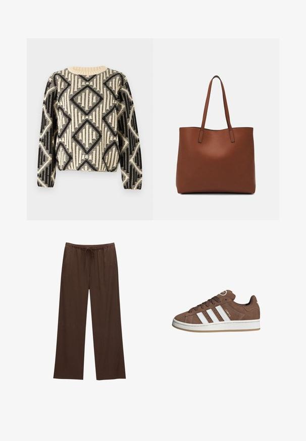 Mustavalkoinen kuvioitu neuletakki, jossa on geometrinen timanttimuotoilu, pyöreä pääntie ja pitkät hihat ribbausviimeistelyllä.; Ruske leve široke hlače izdelane iz mehkega materiala, z elastičnim pasom in vrvico ter dvema stranskima žepoma.; Valkoiset nahkareunat ja ruskeat samettikankaiset tennarit, joissa on kumipohja, pyöreä kärki ja nauhakiinnitys edessä. Kengissä on logo kielekkeessä ja rei'itettyjä yksityiskohtia.; Ruskea nahkainen olkalaukku, jossa on sileä pinta, avoin yläosa ja kaksi olkahihnaa. Omaavat vain minimaalisen ompelun eikä näkyvää metalliosaa.