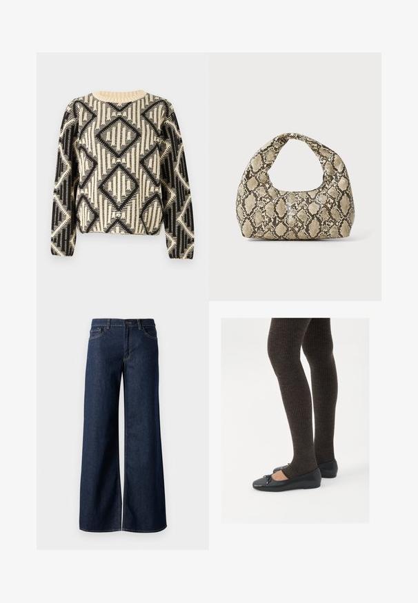 Schwarzer und cremefarbener gemusterter Pullover mit geometrischem Diamantdesign, Rundhalsausschnitt und langen Ärmeln mit gerippten Bündchen.; Weite Jeans in dunkelblauem Denim. Merkmale sind kontrastierende Nähte, fünf Taschen und ein Knopfverschluss an der Taille. Glatte Textur.; Schwarze flache Schuhe mit einem kleinen Schleifendetail an der Zehe, kombiniert mit dunkelbraunen gerippten Strumpfhosen. Die Schuhe haben eine glatte Textur und ein niedriges Profil.; Schlangenmuster-Tasche mit einem gebogenen Griff. Hergestellt aus strukturierten, beige- und braunfarbenen Materialien, die ein markantes Diamantmuster aufweisen.