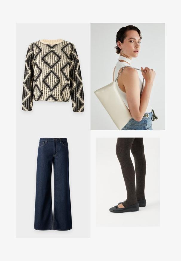 Črna in krema vzorčasta pulover s geometrijskim diamantom, okroglo ovratnico in dolgimi rokavi z rebrastimi manšetami.; Široke hlače iz temnega modrega denima. Imajo kontrastno šivanje, pet žepov in gumbasto zapiranje v pasu. Gladka tekstura.; Črne ravne čevlje z majhnim lokom na prstih, v kombinaciji s temno rjavimi rebrastimi nogavicami. Čevlji imajo gladko teksturo in nizko obliko.; Bela pravokotna torbica za ključe iz sijajnega materiala, opremljena s srebrno verižico. Model pozira in prikazuje torbico na enobarvni podlagi.